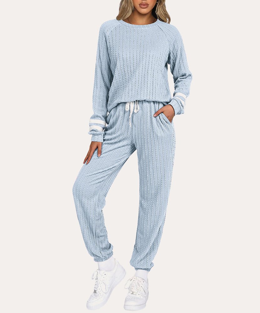 Light blue ribbed knit lounge set with long sleeves and drawstring jogger pants