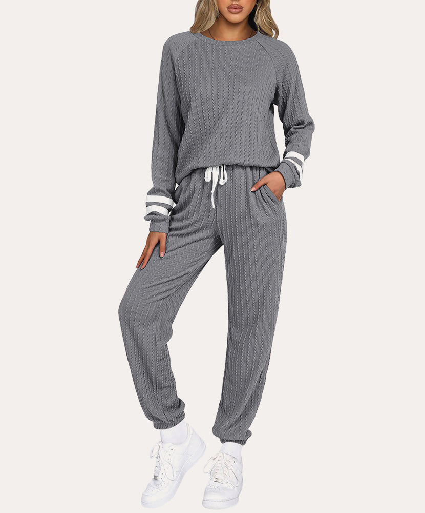 Ribbed knit lounge set in dark gray, long-sleeve top and drawstring jogger pants