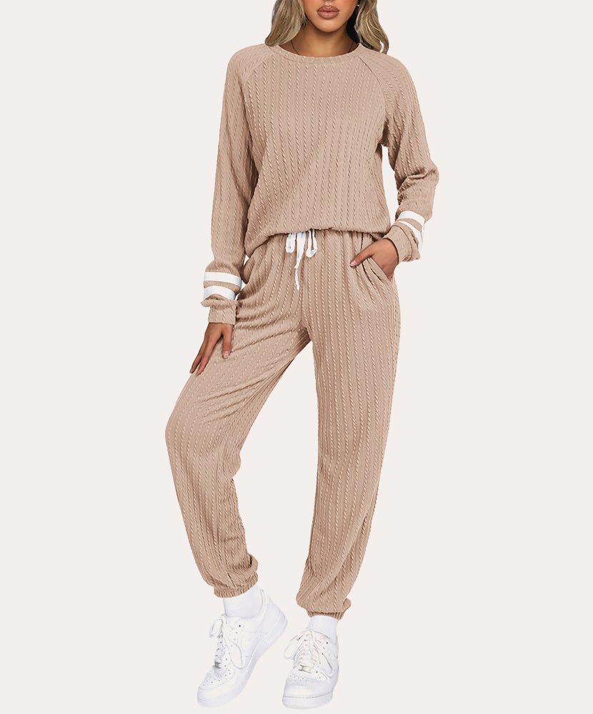 Ribbed knit lounge set in beige, long-sleeve top and drawstring jogger pants