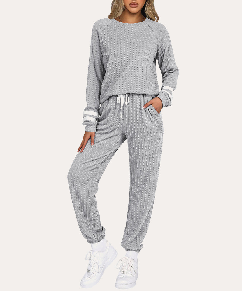 Ribbed knit lounge set in light gray, long-sleeve top and drawstring jogger pants