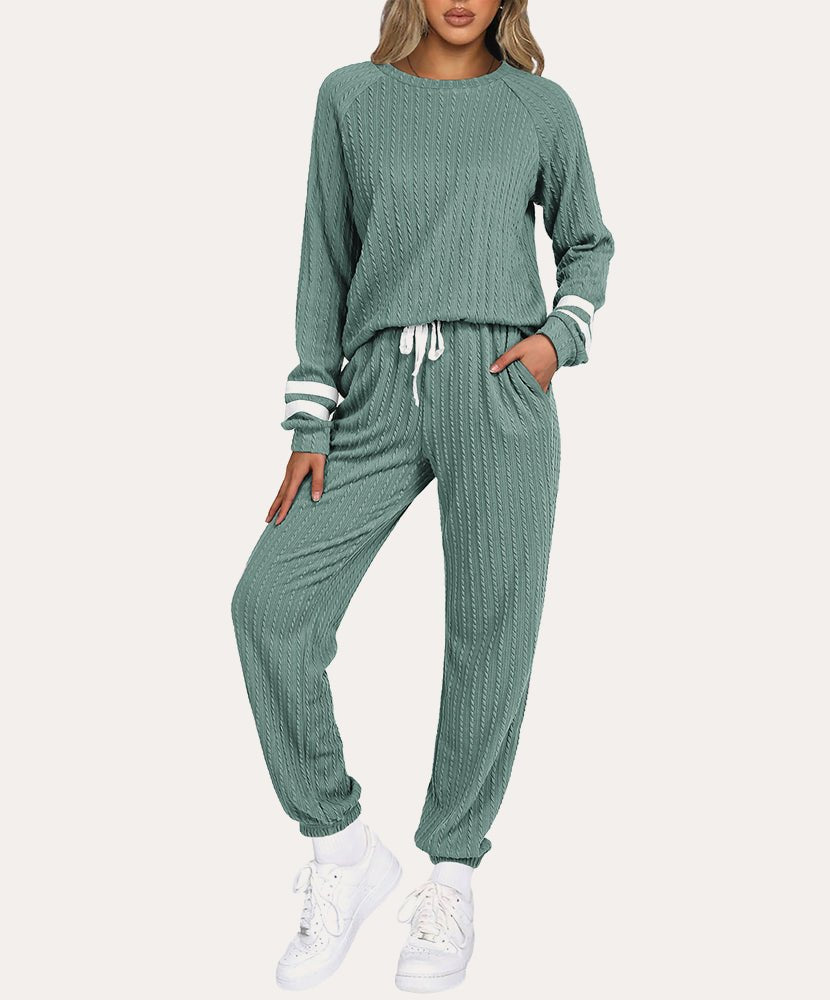 Ribbed knit lounge set in teal green, long-sleeve top and drawstring jogger pants