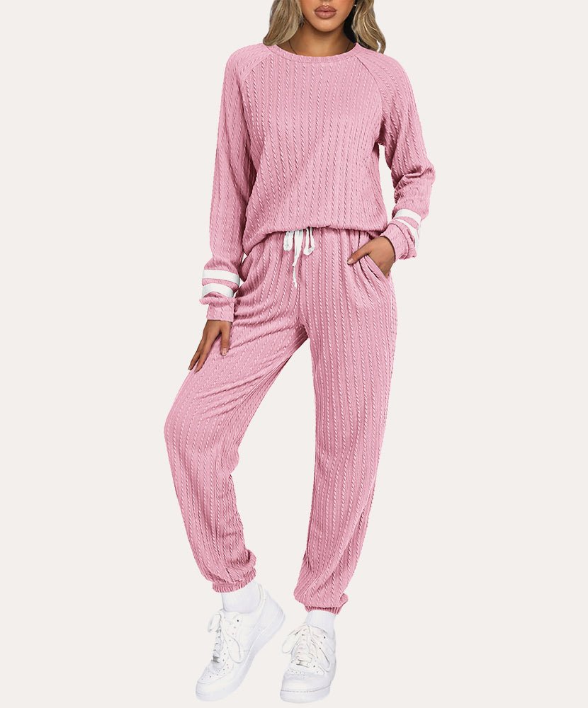 Ribbed knit lounge set in dusty pink, long-sleeve top and drawstring jogger pants