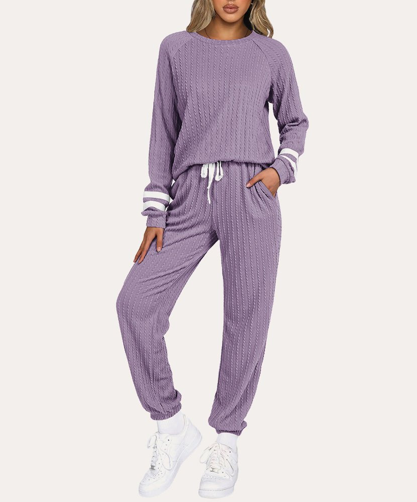Ribbed knit lounge set in lavender, long-sleeve top and drawstring jogger pants