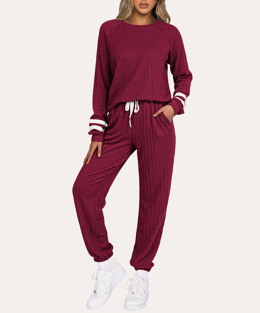 Ribbed knit lounge set in wine red, long-sleeve top and drawstring jogger pants