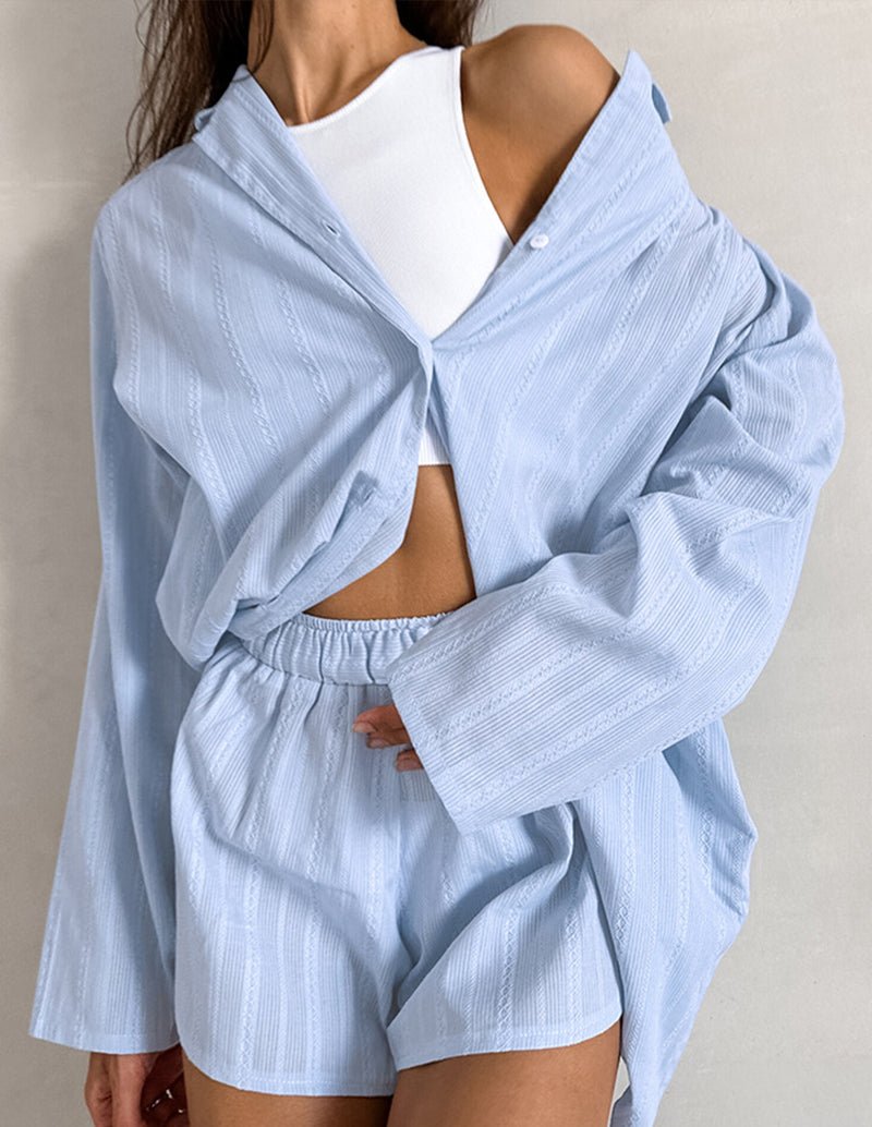 Light blue cotton jacquard lounge set: open-collar shirt and elastic-waist shorts