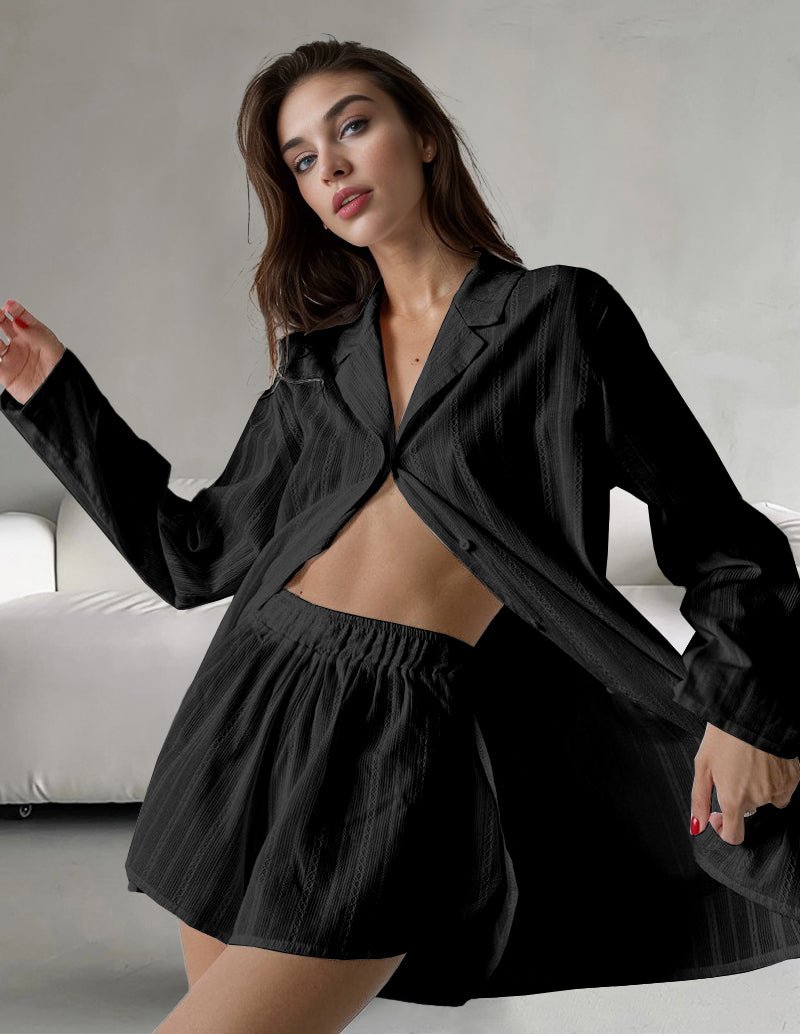 Black cotton jacquard lounge set: button-front shirt and elastic-waist shorts