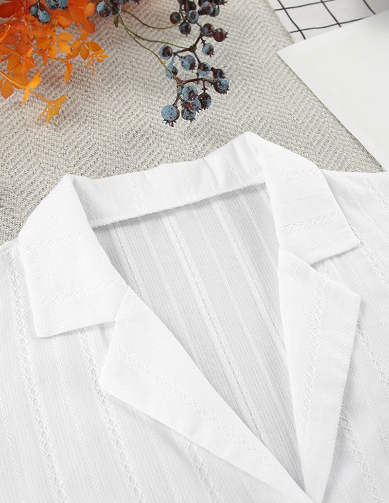 White jacquard lounge set top with folded collar and V-neck