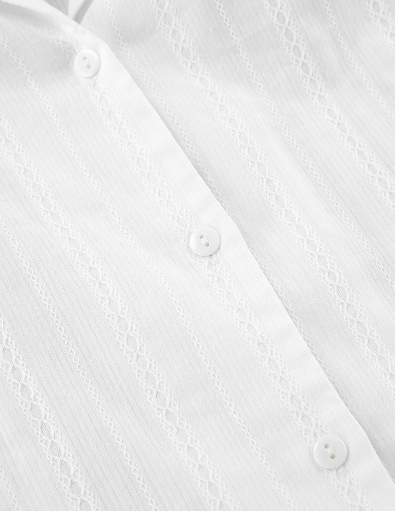 White cotton jacquard lounge set top with button front detail
