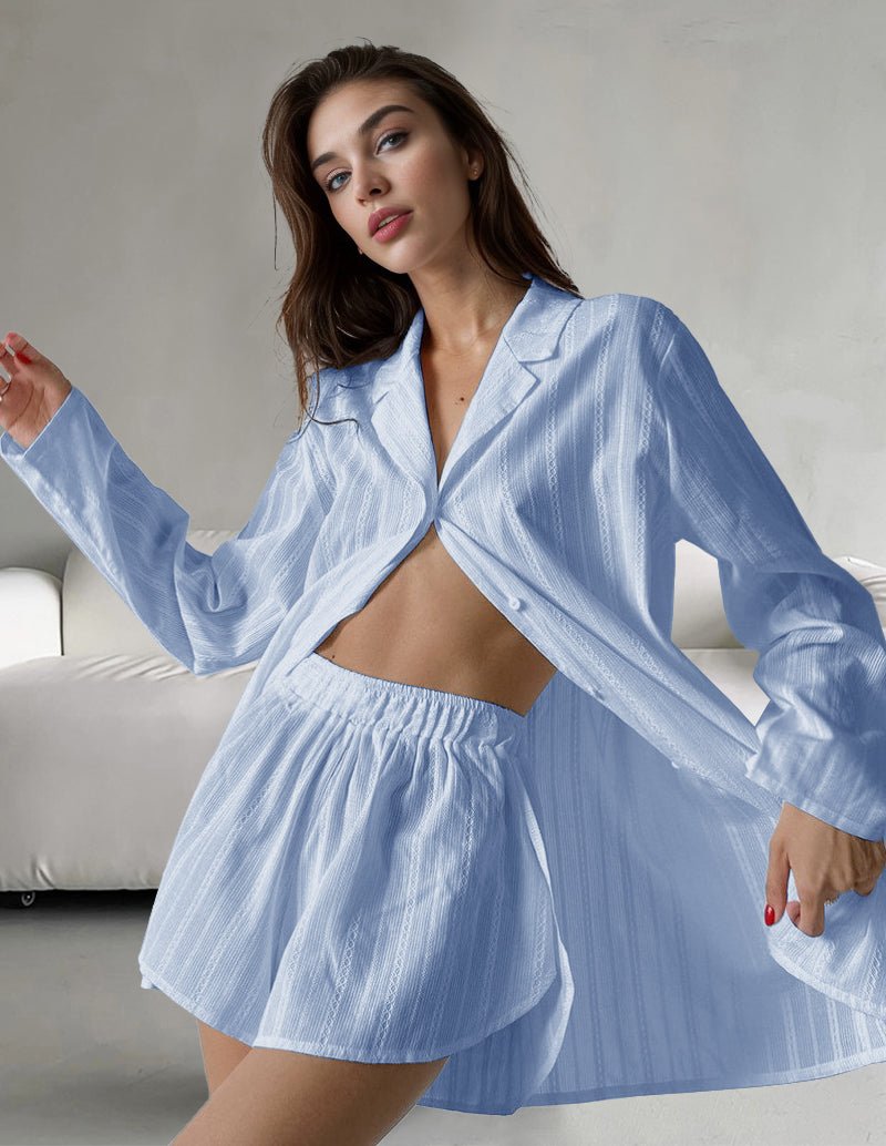 Light blue cotton jacquard lounge set with button-front shirt and gathered shorts