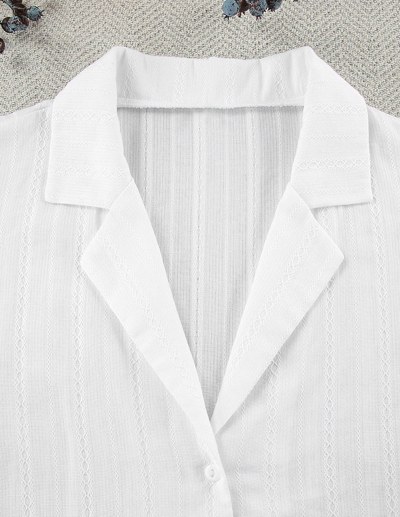 White jacquard lounge set top with open V-neck and wide collar