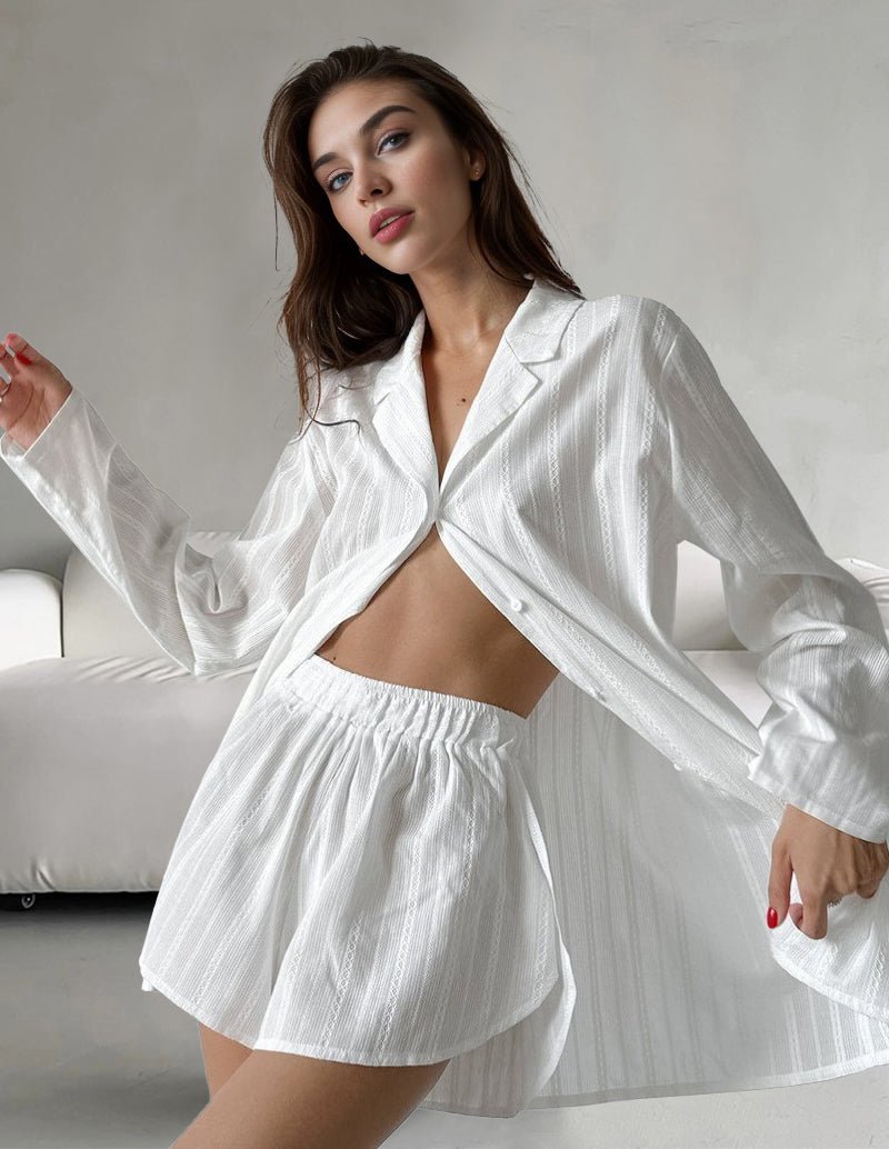 White cotton jacquard lounge set: button-front shirt and elastic-waist shorts