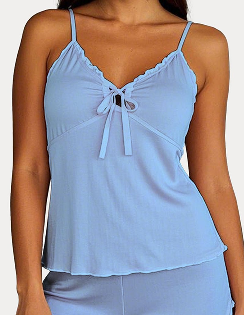 Blue cami pajama set, tie-front bow detail and ruffle-trim cami top.