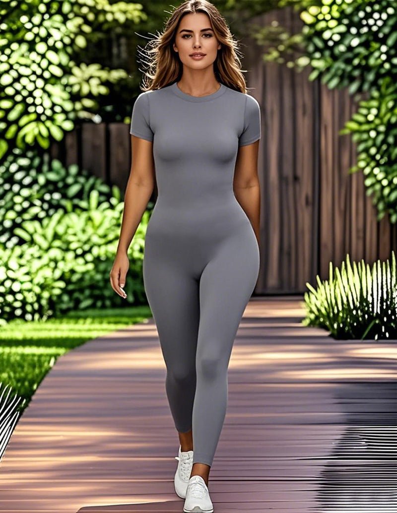 Gray short-sleeve stretch jumpsuit with crew neck, fitted legs, ankle length