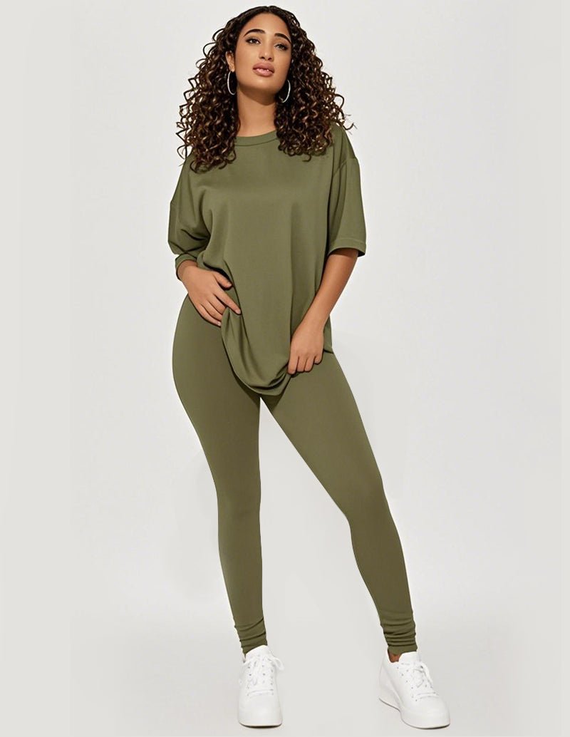 Army green comfort stretch lounge set with relaxed crew-neck tee and slim leggings