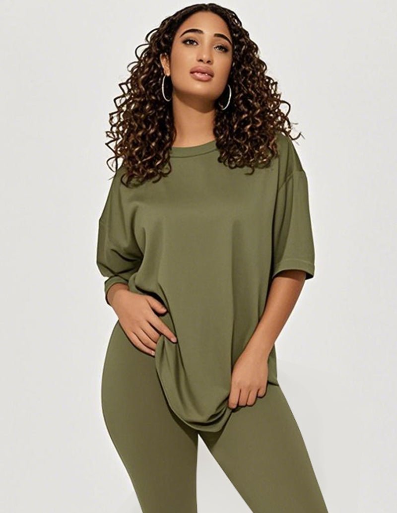Army green lounge set with relaxed crew-neck tee and fitted leggings
