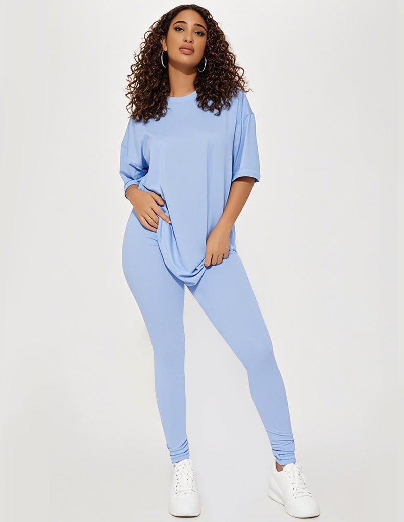 Blue comfort stretch lounge set: short-sleeve tee and slim leggings