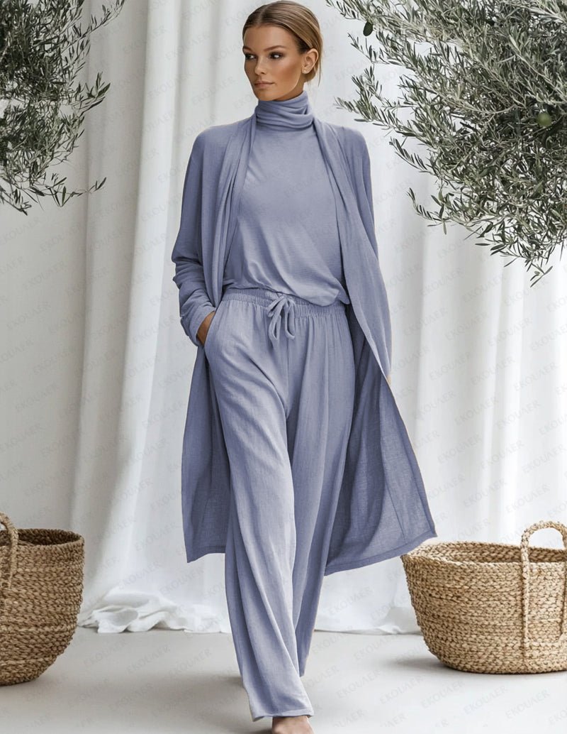 Blue cotton lounge set with long cardigan, mock-neck top, and drawstring pants