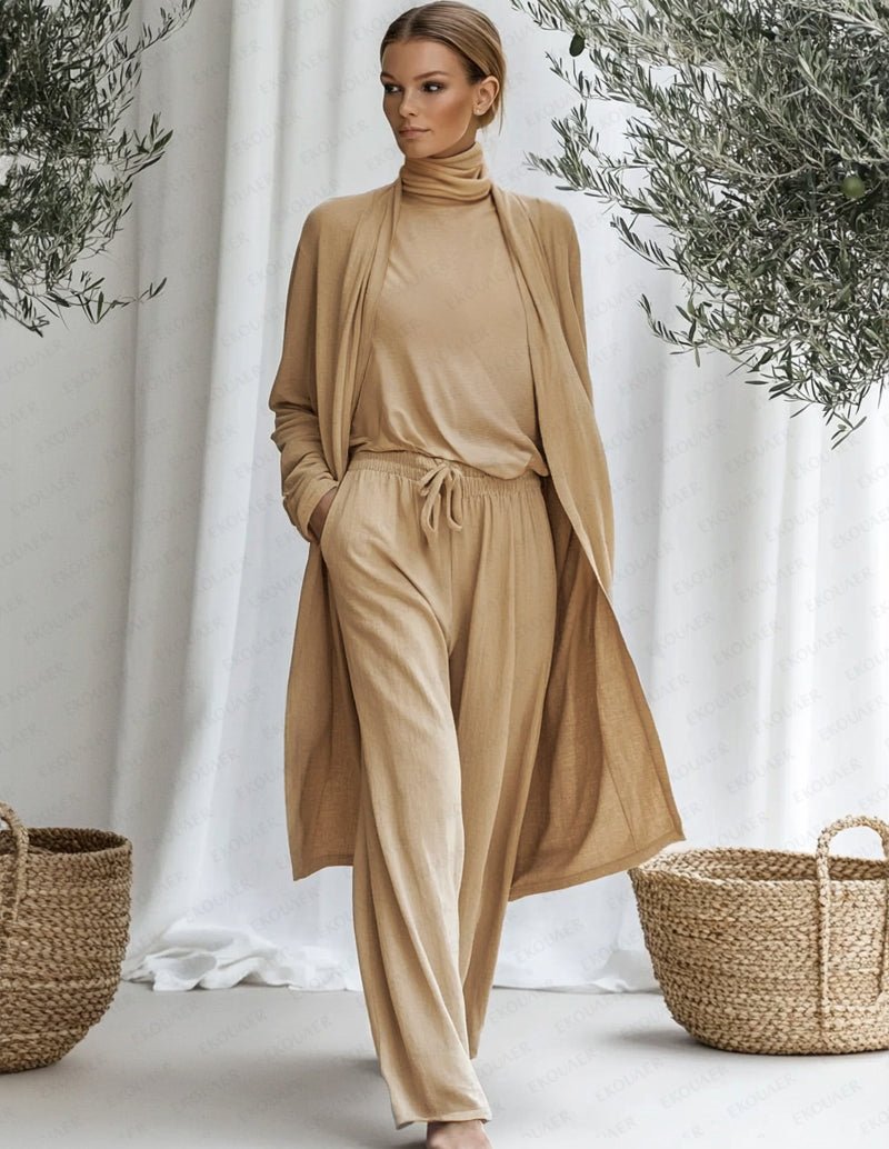 Khaki cotton lounge set with long cardigan, mock-neck top, and drawstring pants