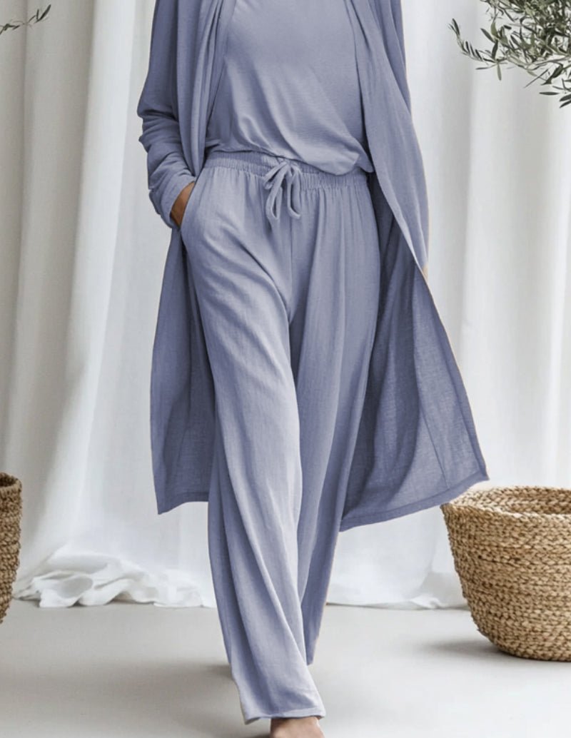 Blue cotton drawstring pants with tunic top and long cardigan