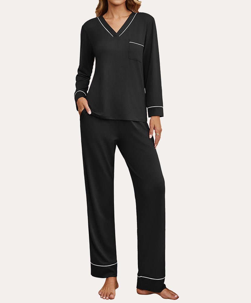 Two-piece loungewear set in black with V-neck top and matching ankle-length pants