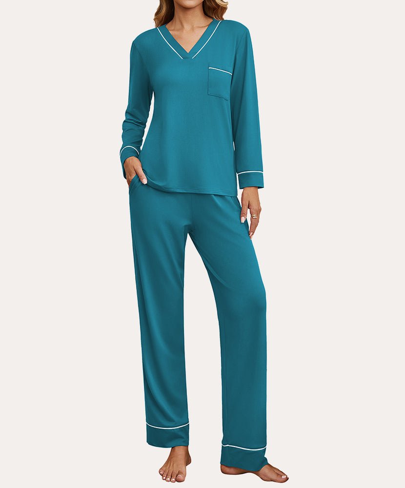 Two-piece loungewear set in blue-green with V-neck top and matching ankle-length pants