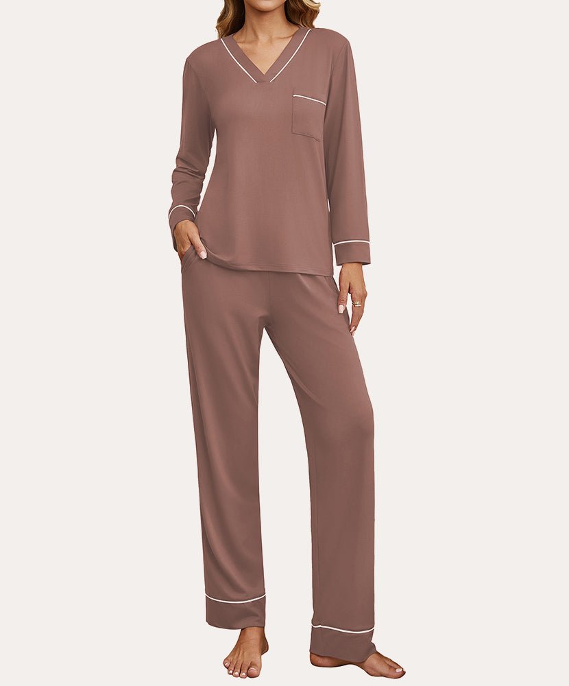Two-piece loungewear set in brown with V-neck top and matching ankle-length pants