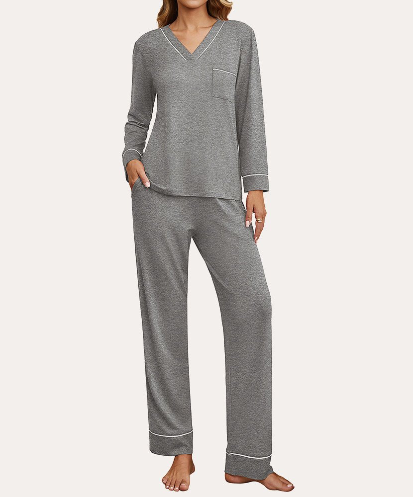 Gray 2-piece loungewear set with V-neck long-sleeve top and matching pants