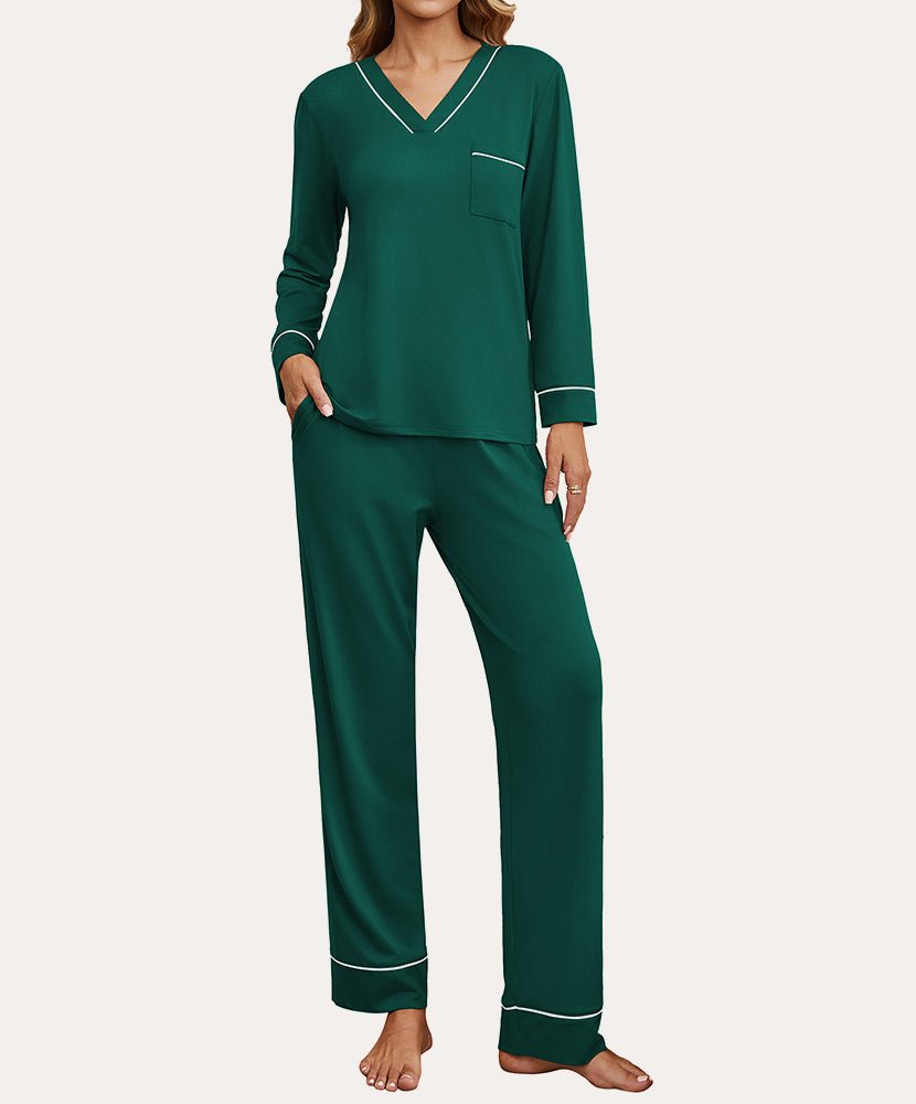 Green 2-piece loungewear set with V-neck long-sleeve top and matching pants