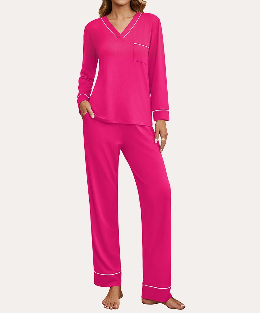 Hot pink 2-piece loungewear set with V-neck long-sleeve top and matching pants