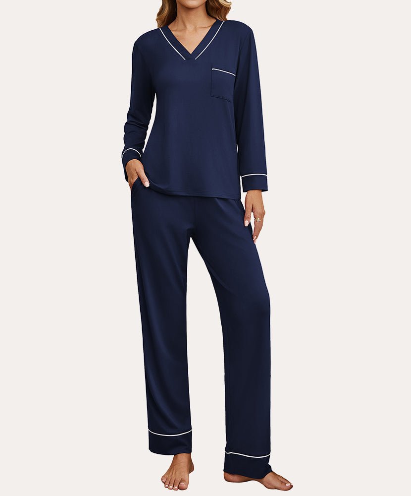 Navy blue 2-piece loungewear set with V-neck long-sleeve top and matching pants