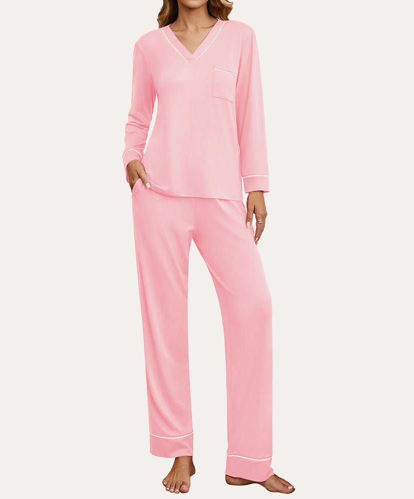 Pink 2-piece loungewear set with V-neck long-sleeve top and matching pants