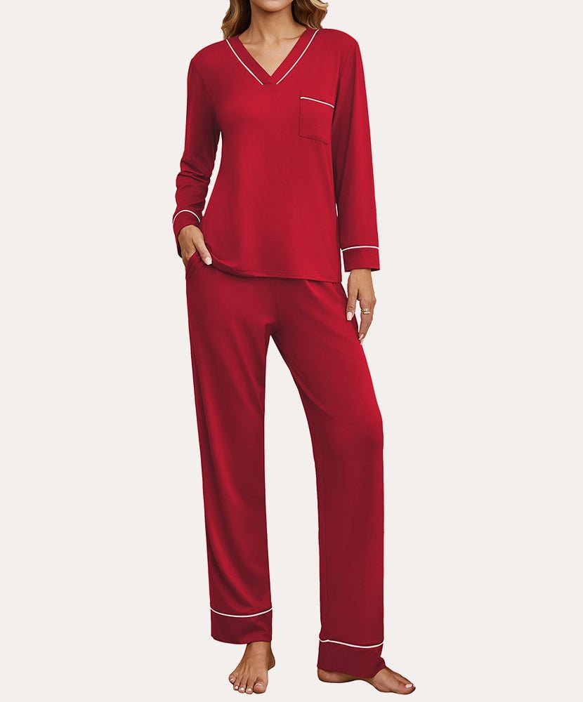 Wine red 2-piece loungewear set with V-neck long-sleeve top and matching pants