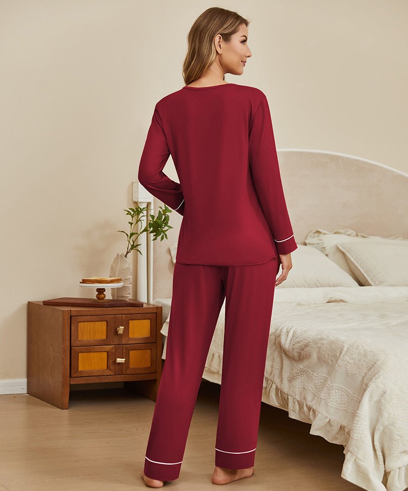 Two-piece loungewear set in wine red, showing back view of the V-neck top and pants