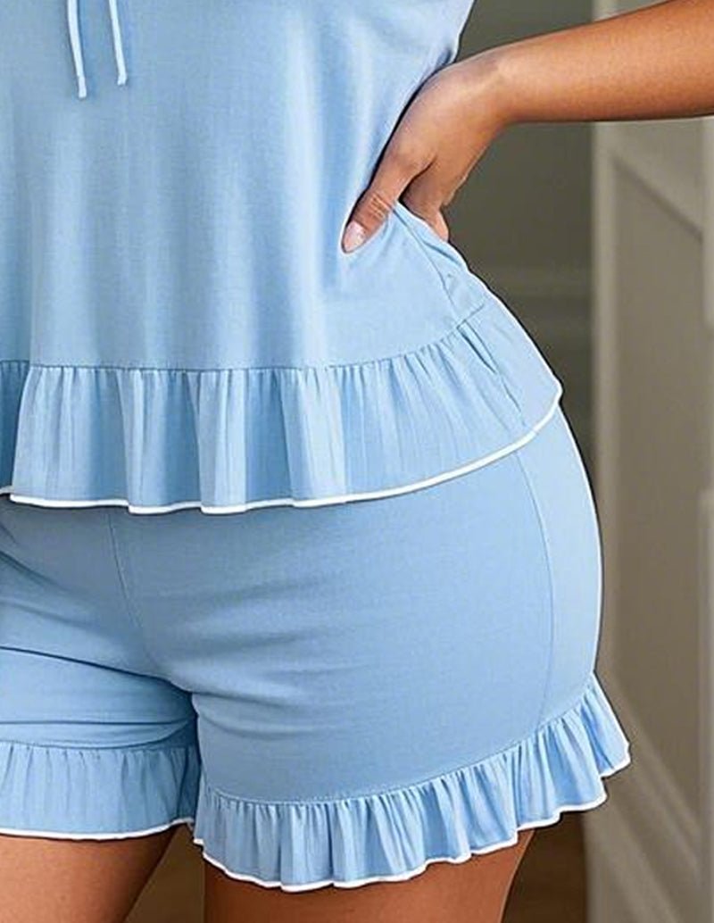 Blue ruffle shorts with tiered hem, part of a cami pajama set