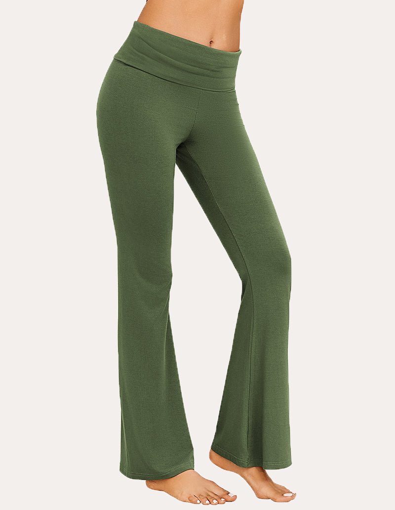 Green flare lounge pants with wide elastic waistband