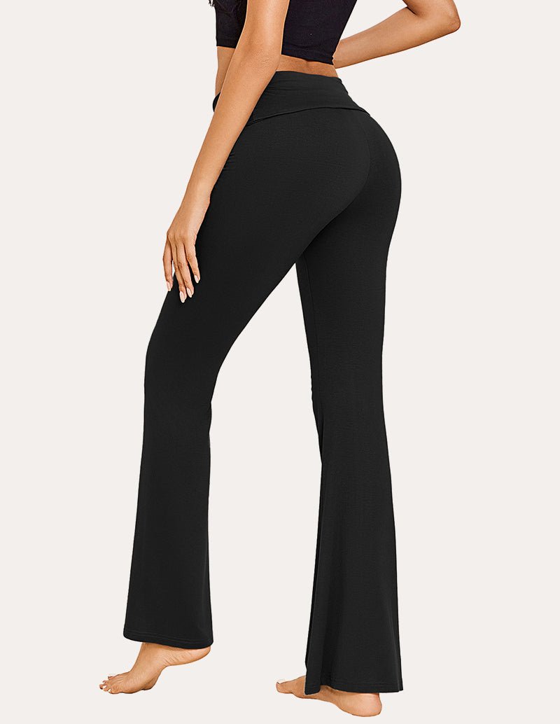 Black high-waist flare lounge pants, slim through hips, wide bell legs