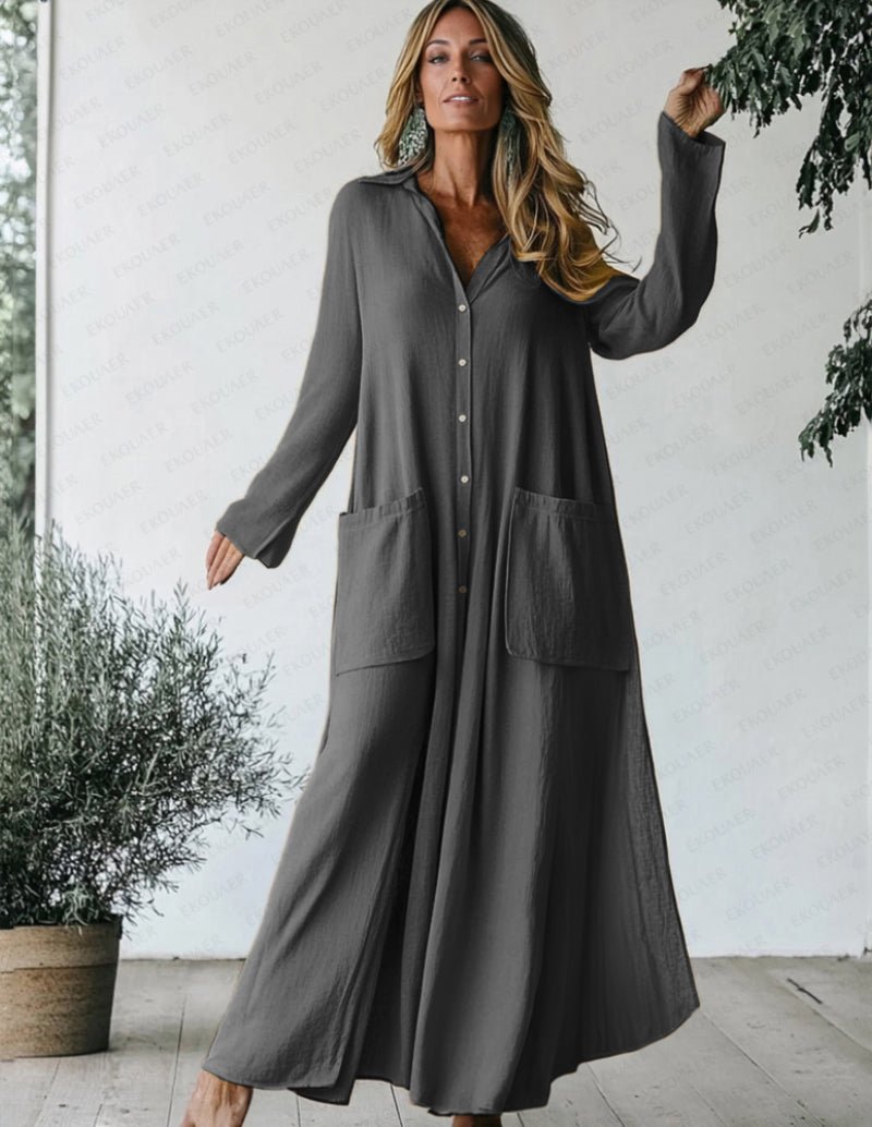Dark gray button-front shirt dress nightgown with long sleeves and two front pockets