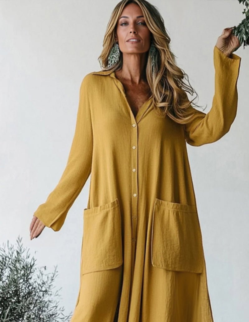 Yellow button-front shirt dress nightgown with long sleeves and two front pockets