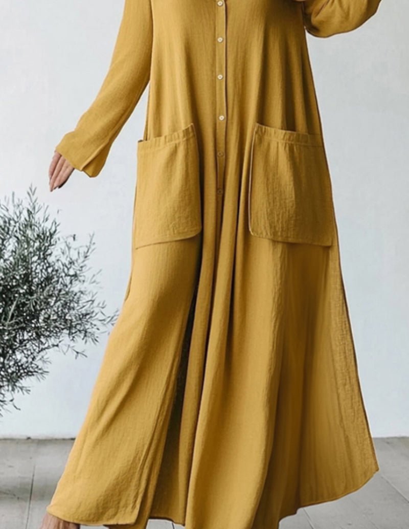 Yellow shirt dress nightgown with button front, long sleeves, and patch pockets