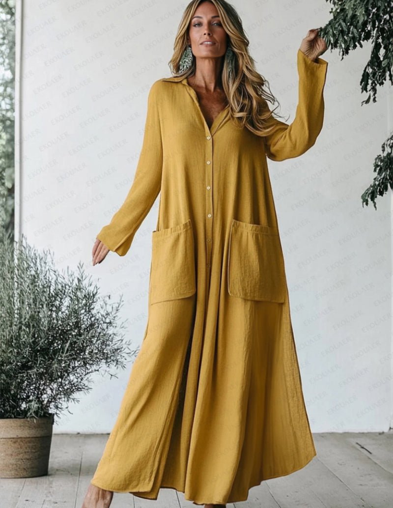Yellow button-front shirt dress nightgown with long sleeves and two front pockets