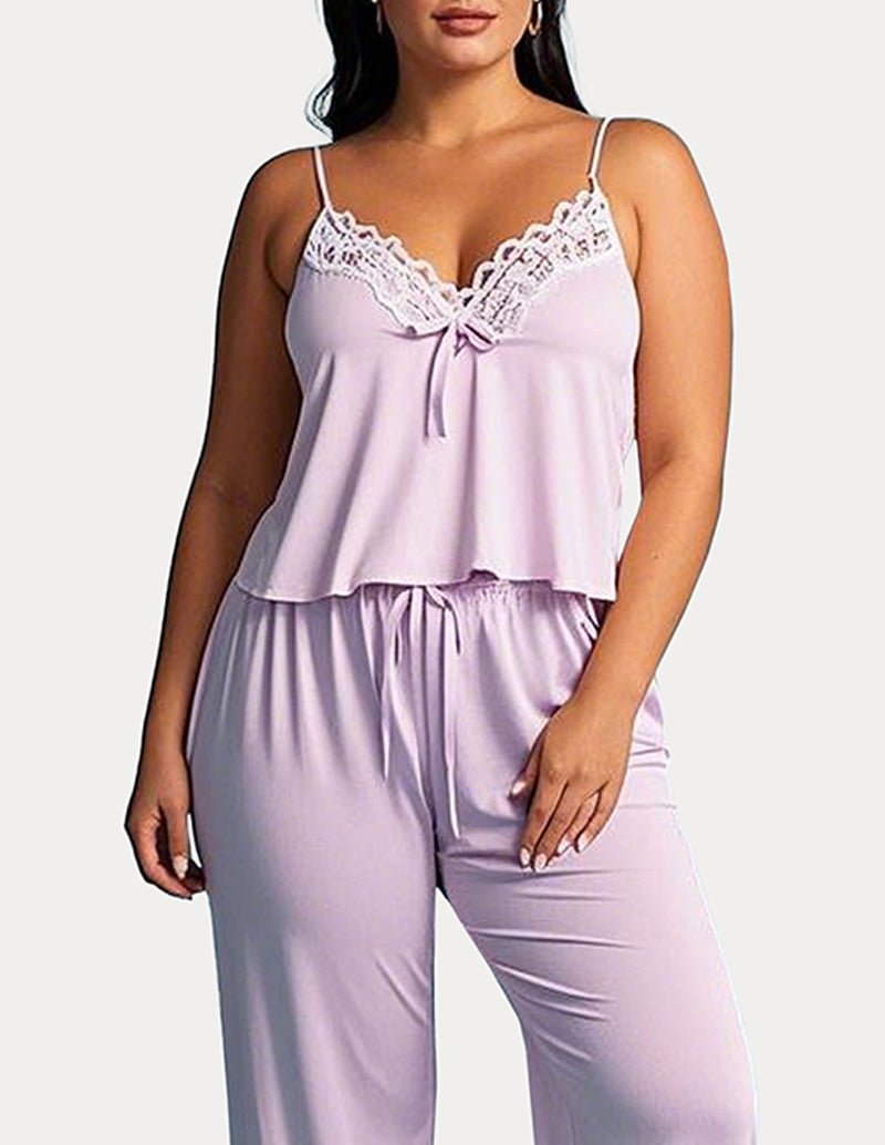 Lavender lace-trim cami pajama set with bow and ruffled hem, wide-leg pants