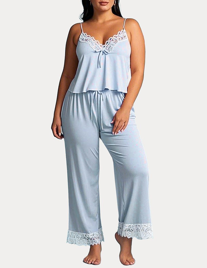 Light blue lace-trim cami and wide-leg pajama pants set with bow detail