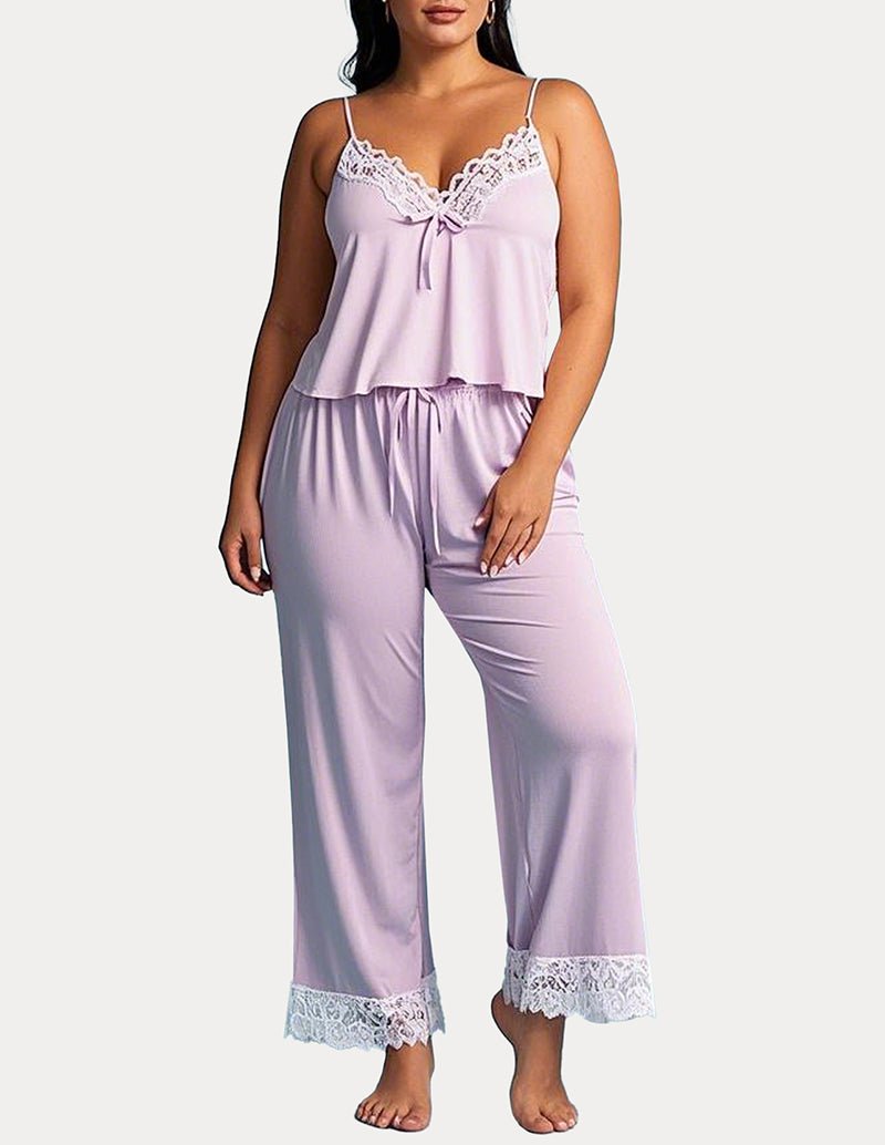 Lavender lace-trim cami and wide-leg pajama pants set with bow detail