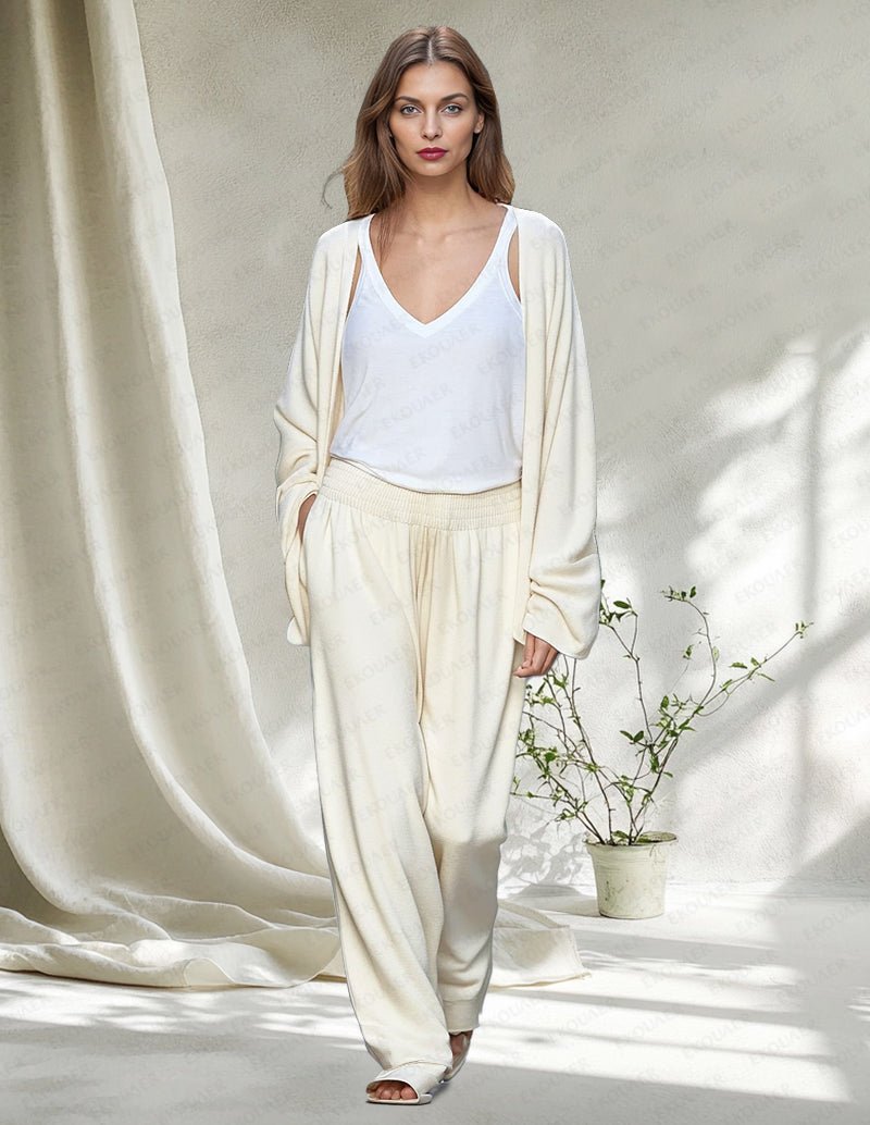 Beige 2-piece lounge set with white V-neck tank, cream cardigan, and relaxed pants