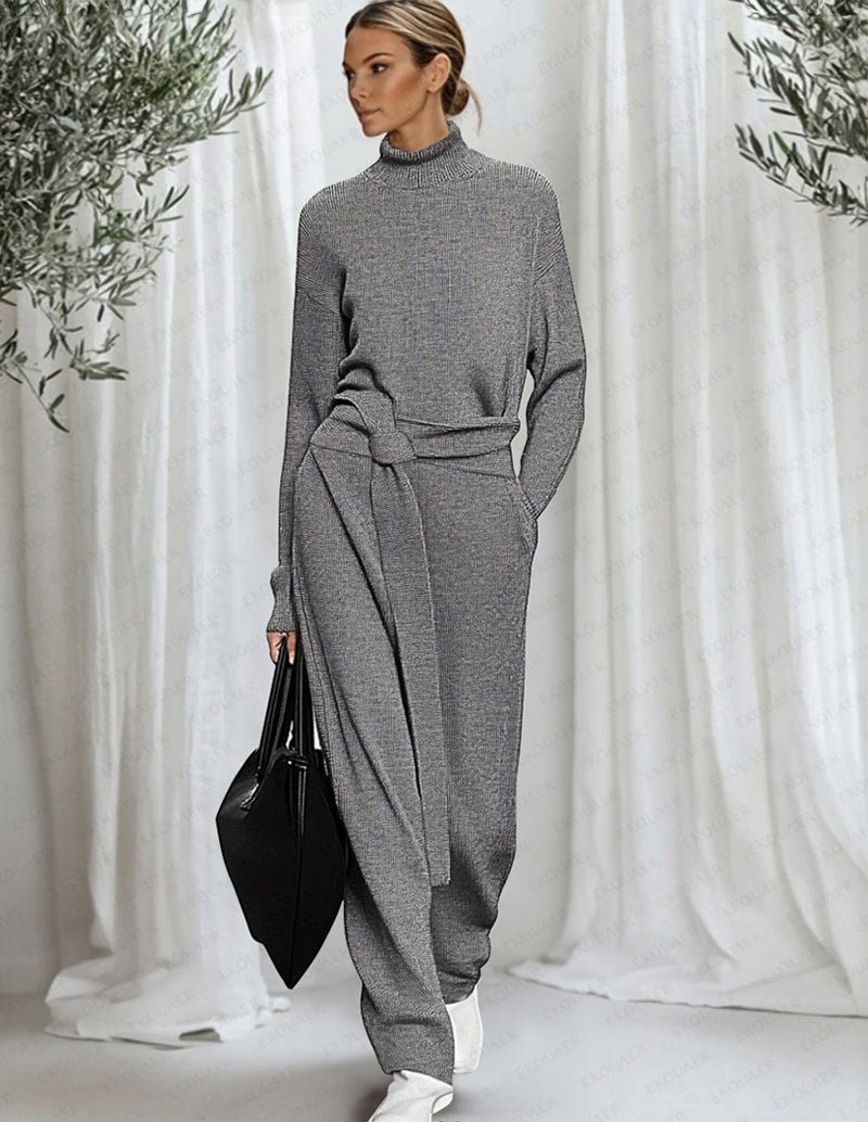 Grey knit lounge set with mock neck top and draped tie-waist pants