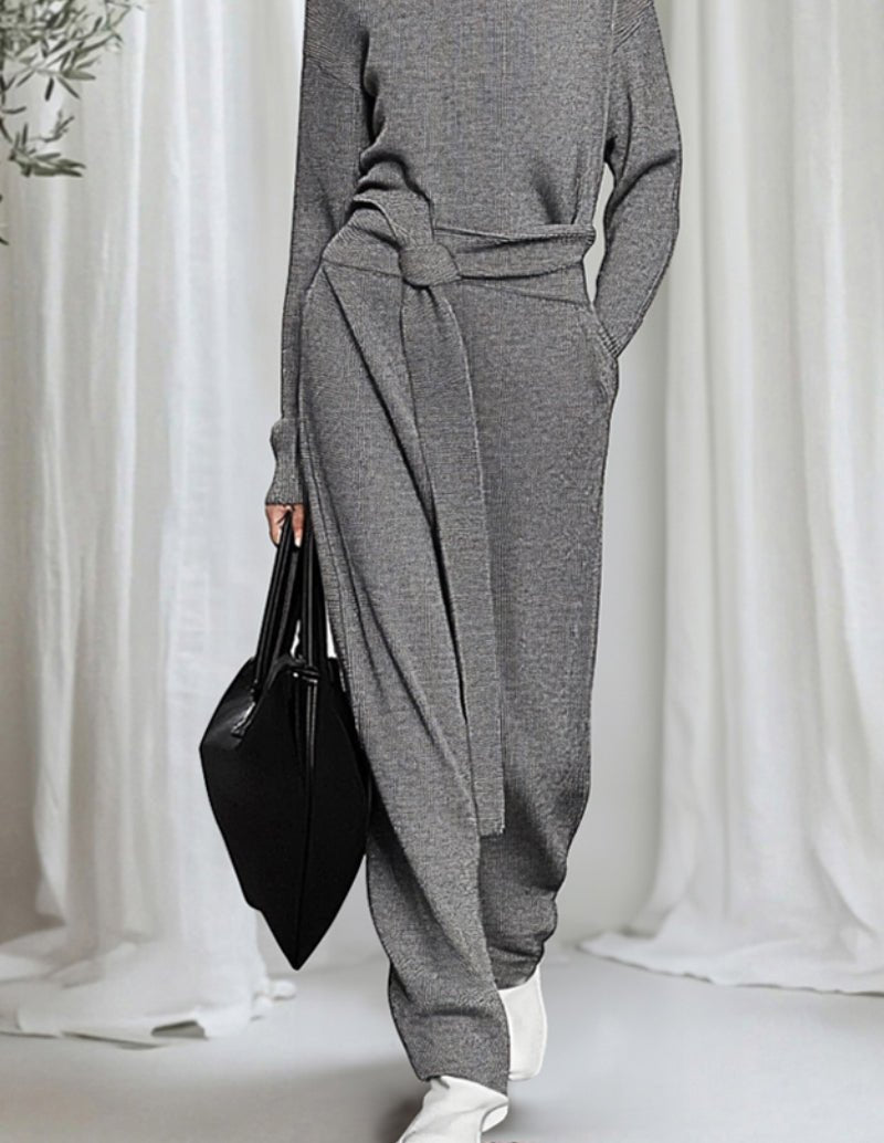 Grey knit tie-waist lounge pants with draped band; mock neck top