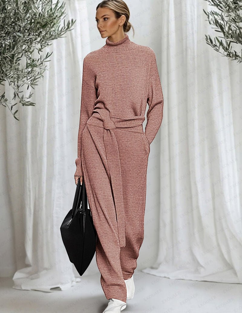 Pink knit lounge set with mock neck top and draped tie-waist pants