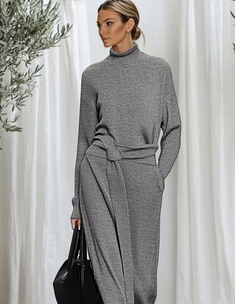 Grey knit lounge set with mock neck top and draped tie-waist pants, side view