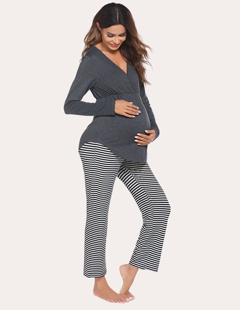 Maternity nursing pajama set with long-sleeve V-neck top and black-and-white striped pants