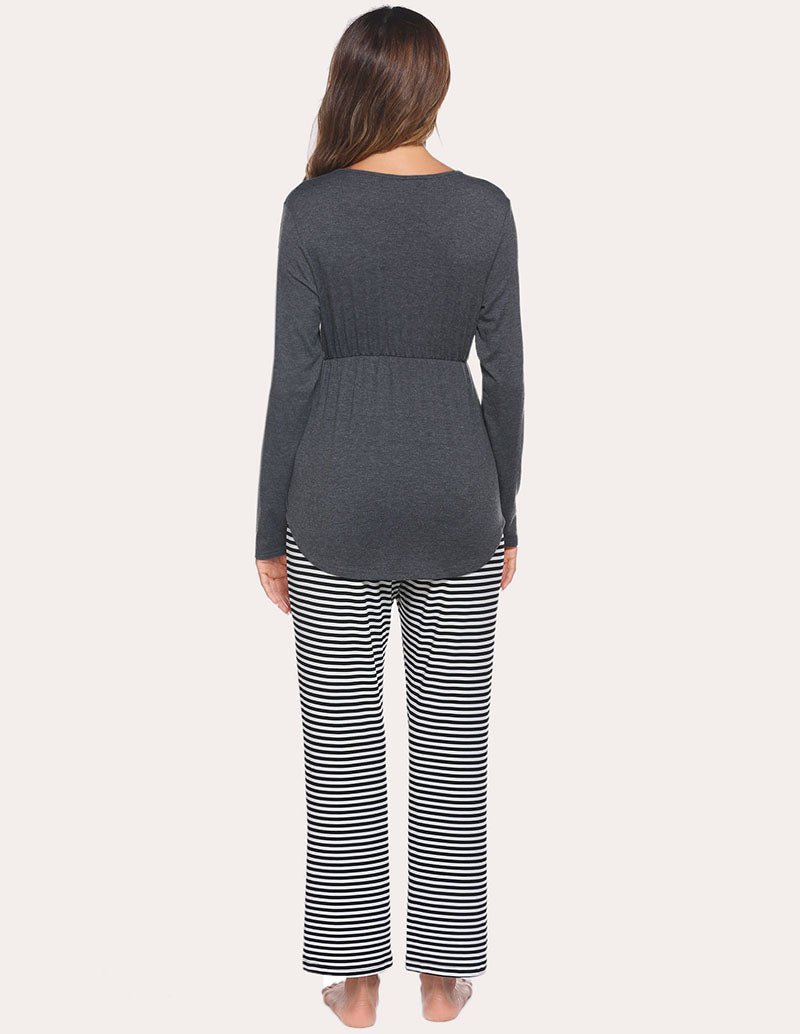 Maternity nursing pajama set back view with long-sleeve V-neck top and striped pants